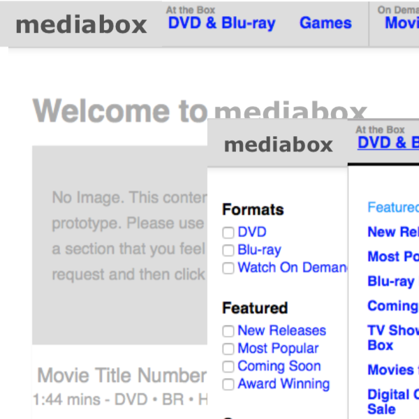 low-fidelity prototype of media site with menus