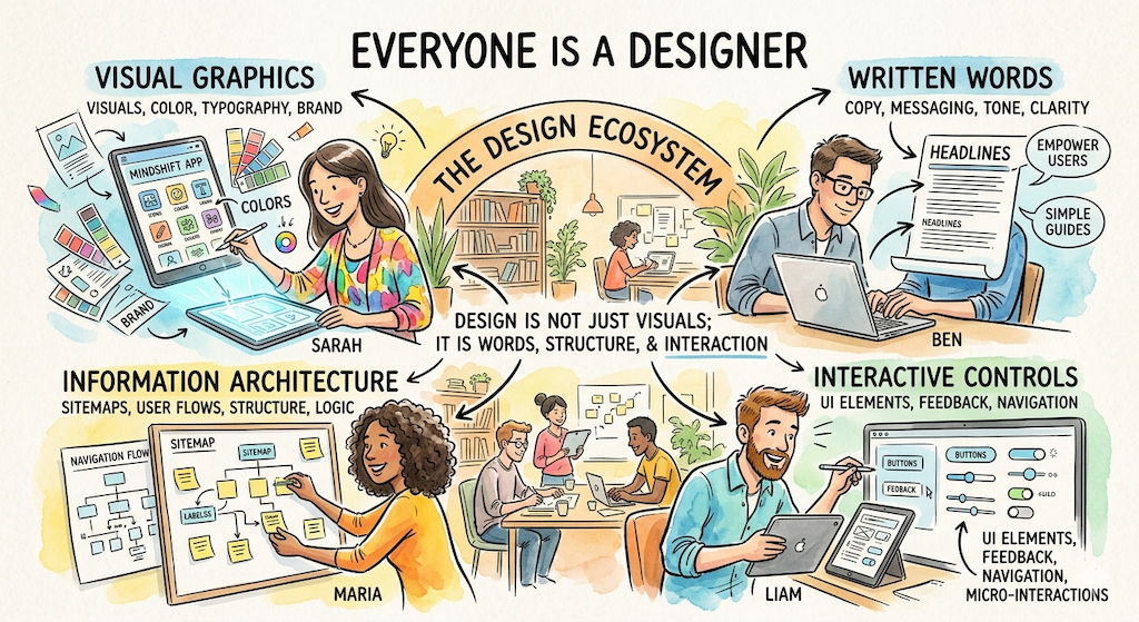 Everyone is a designer. Design is not just visual graphics, but also written words, information architecture, and interactive controls. Image created using Gemini in a light water color style with black lines for the illustration.
